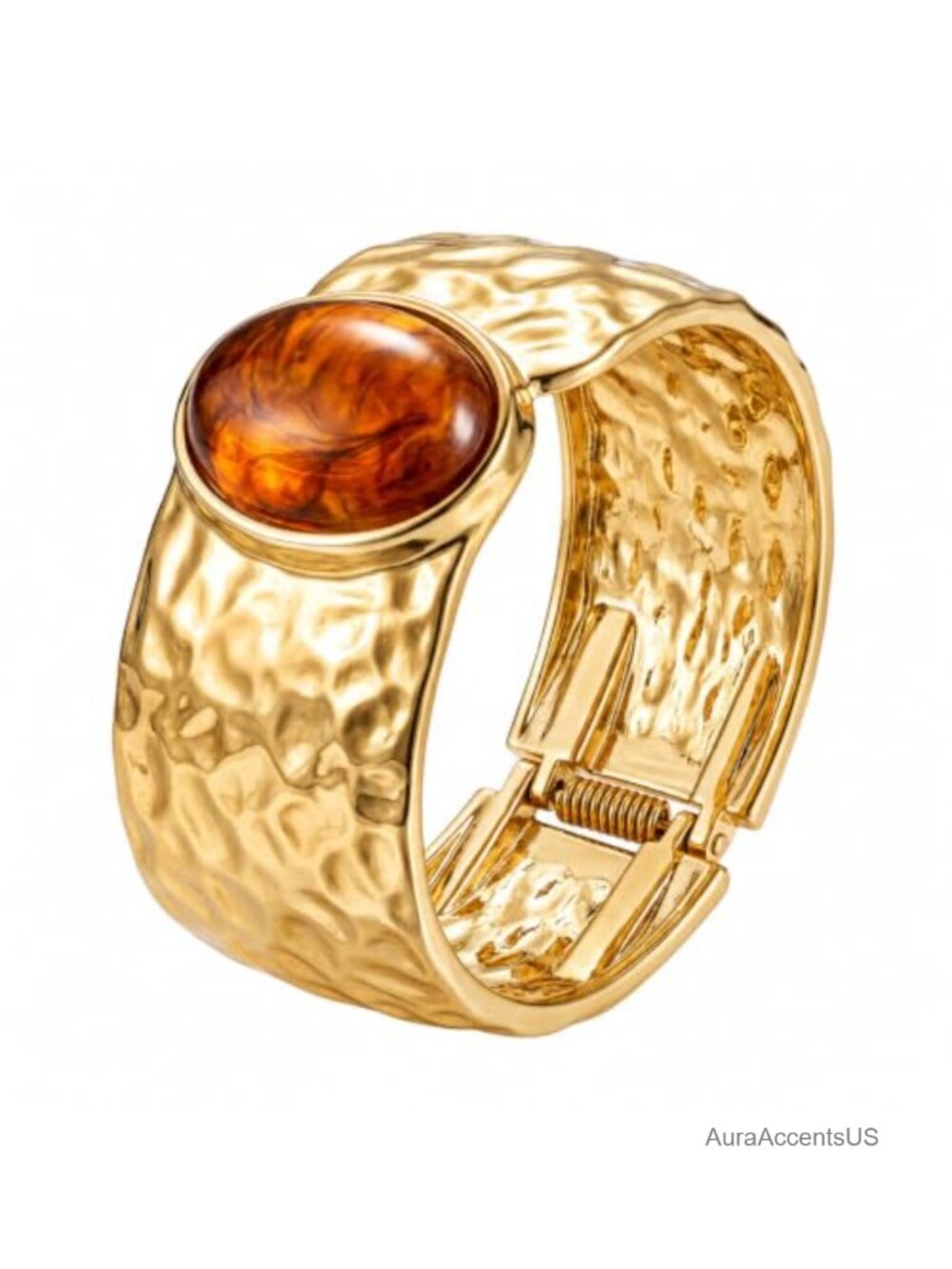 Chunky Gold Tone Cuff Bracelet Wide Hammered Bangle Resin Stone Hinged Open